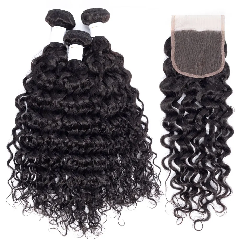 

Clover Leaf 100% Peruvian remy human hair 3 bundles with lace closure 4X4 water wave hair extensions 10-28inch Pre-plucked hair