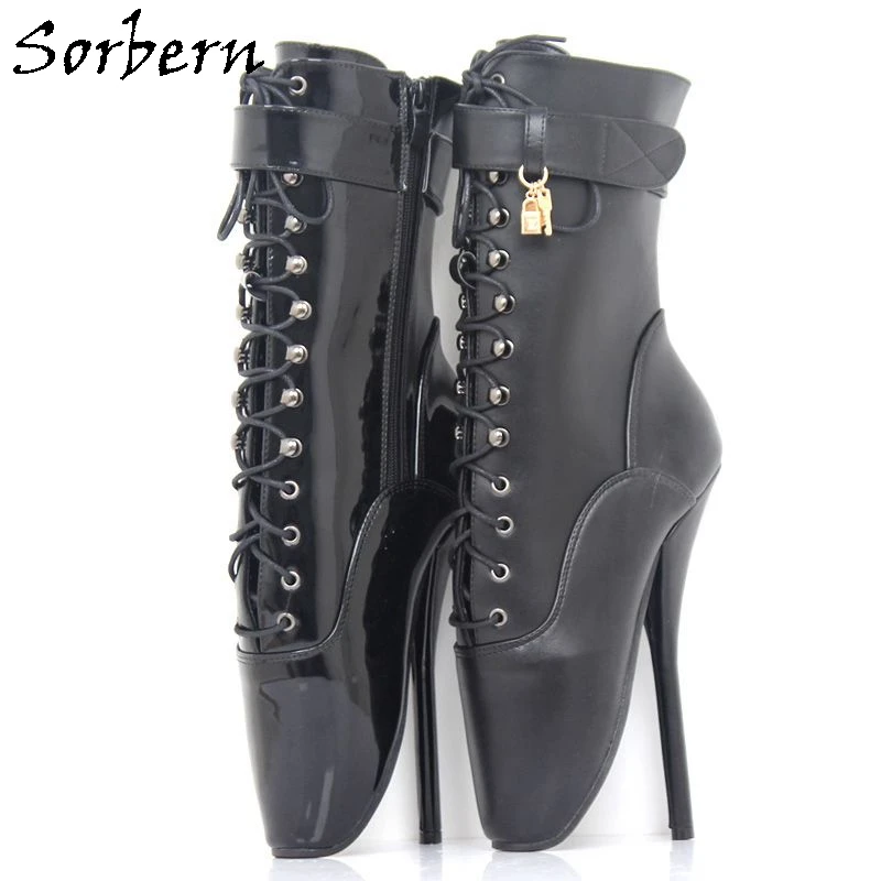 

Sorbern Plus Size Ballet Boots Women High Heel Spike Black PU Cross Tied Lace Up Mid-Calf Spring And Autumn Boots EU36-46