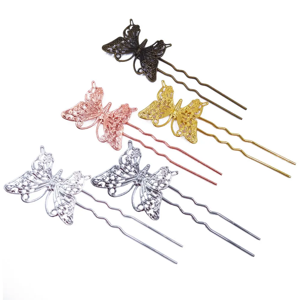 

Free Shipping 100pcs 75mm Hair Sticks Hairpins with 25x36mm Filigree Butterfly Hair Combs Findings for Jewelry Making HCF18