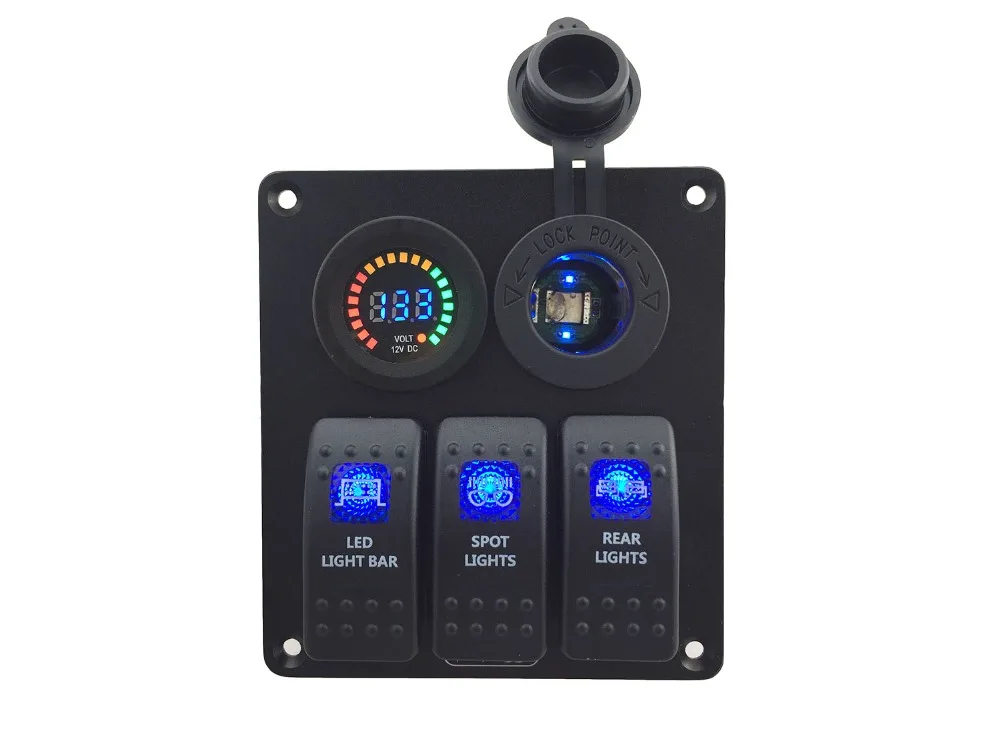 DC 12V-24V color voltmeter + blue LED Power Charger Socket 3 Gang blue Rocker Switch Panel for Marine Boat Car RV Vehicles 
DC 12V-24V color voltmeter + blue LED Power Charger Socket 3 Gang blue Rocker Switch Panel for Marine Boat Car RV Vehicles