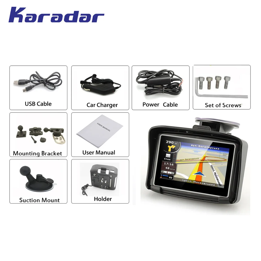 KARADAR Waterproof Motorcycle GPS - 4.3 Inch Win CE 6.0 Car GPS Navigator - Built-in 8G Map
KARADAR Waterproof Motorcycle GPS - 4.3 Inch Win CE 6.0 Car GPS Navigator - Built-in 8G Map