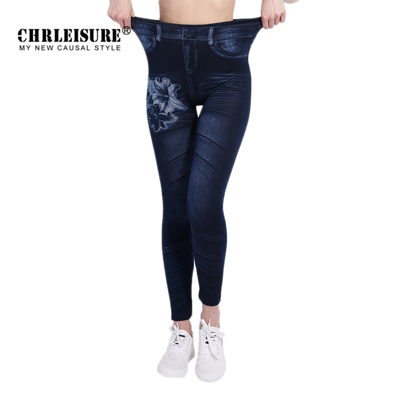 Image CHRLEISURE New Woman Fashion Jeans Print Denim Ankle Length Polyester Jeans Mid Waist Spandex Straight Slim Jeans Women Leggings