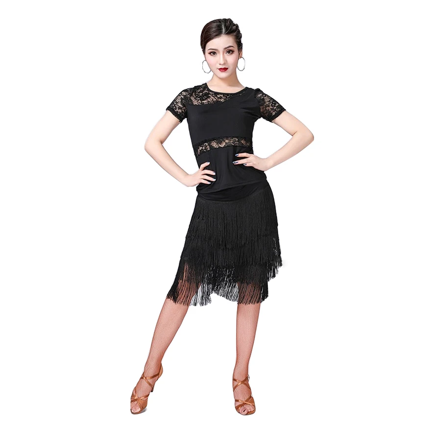 

New Fashion Women Dance Clothes Salsa Samba Wear Class Dress Short Sleeves Spandex Top Lace Latin Costume Fringe Skirt