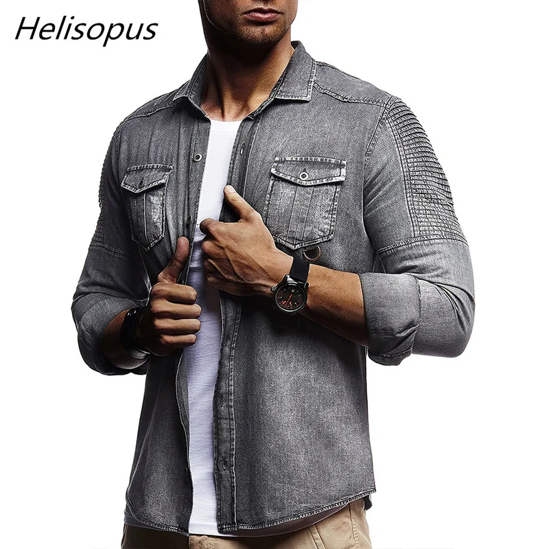 Helisopus Autumn Men Solid Color Shirt Pleated Shoulder Cowboy Tees Tops Men's Slim Fit Long Sleeve Denim Shirt
Helisopus Autumn Men Solid Color Shirt Pleated Shoulder Cowboy Tees Tops Men's Slim Fit Long Sleeve Denim Shirt