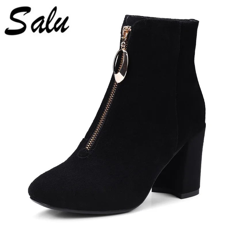Salu Sexy Women Boots cow Leather Winter High Heels Ankle Boots Shoes Women Ladies Short Boots NEW Zip Big Size