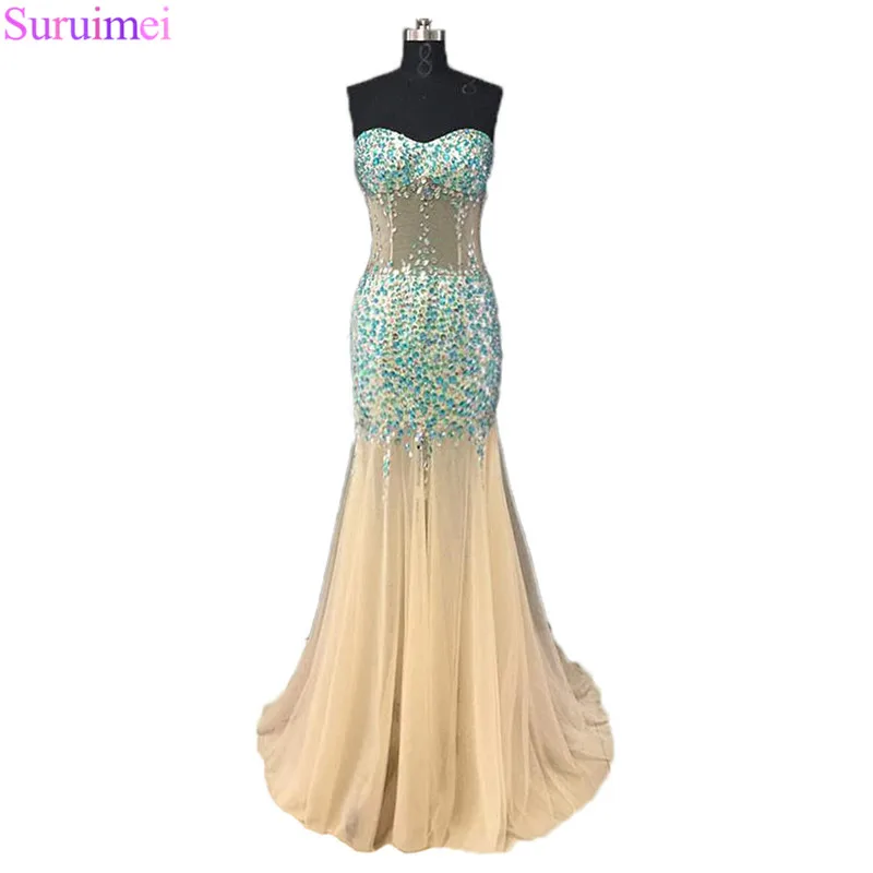2 Exquisite 2018 Hot Sale Sweetheart Nude See Through Evening Dresses Robe de Soiree With Sleeveless Beading Mermaid Champagne Evening Party Dresses