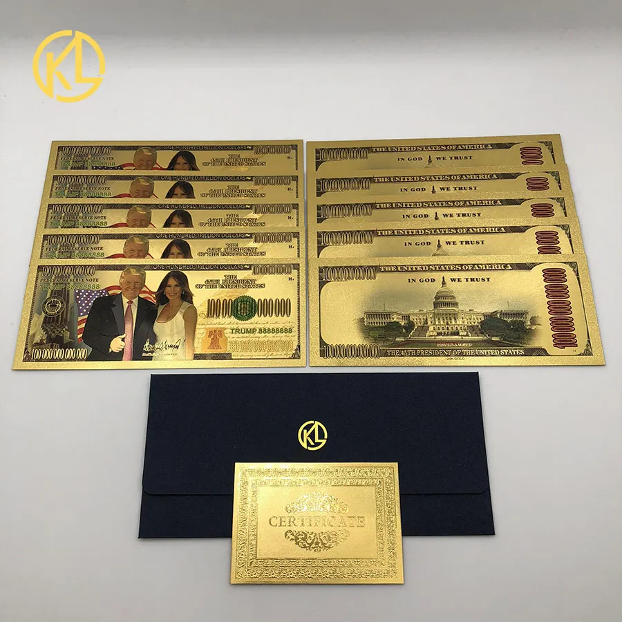 10pcs/lot 999.9 Gold Banknote Donald Trump and The First Lady Melania Metal Gold Plated Paper Money for Christmas Gifts
10pcs/lot 999.9 Gold Banknote Donald Trump and The First Lady Melania Metal Gold Plated Paper Money for Christmas Gifts