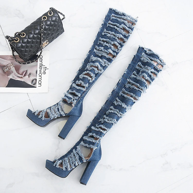 Women's Summer Stretch Jeans Over Knee High Heel Boots Peep Toe Zipper Ripper Design Square Heel
Women's Summer Stretch Jeans Over Knee High Heel Boots Peep Toe Zipper Ripper Design Square Heel