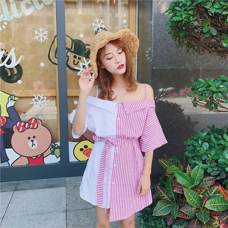 New Women Summer Ins Harajuku Korean Style Sexy Slash Neck Strapless Shoulder Color Matching Mini Striped Short Sleeve Dress
New Women Summer Ins Harajuku Korean Style Sexy Slash Neck Strapless Shoulder Color Matching Mini Striped Short Sleeve Dress