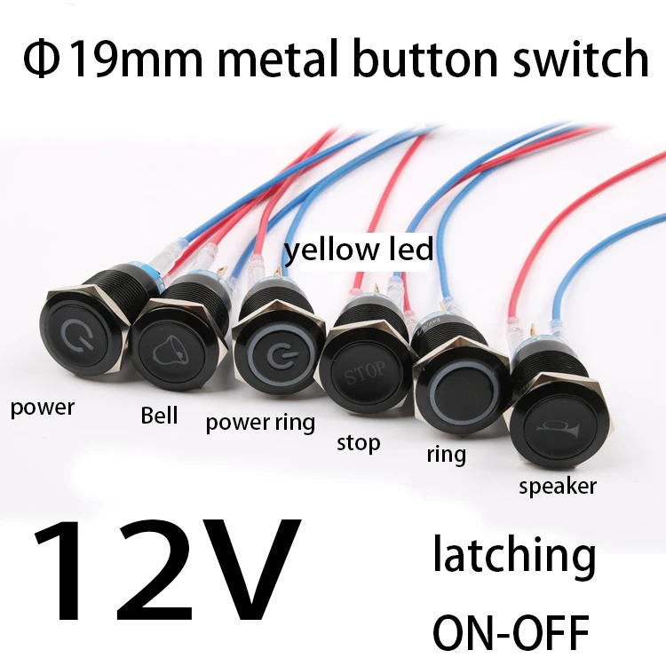 12V 19mm yellow LED Light Waterproof Metal Push Button Switch black Power / speaker / bell symbol Latching
12V 19mm yellow LED Light Waterproof Metal Push Button Switch black Power / speaker / bell symbol Latching