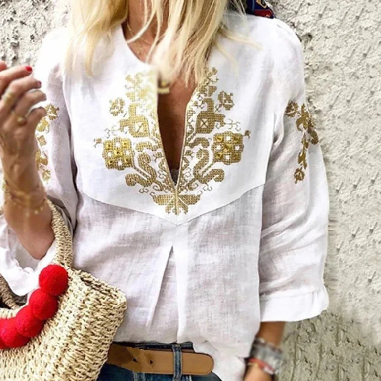 Women's Tops Cotton Linen Blouse Tee Printed Ladies Deep V-neck Sexy 3/4 Sleeve Summer New 2019 High Quality Fashion Tops
Women's Tops Cotton Linen Blouse Tee Printed Ladies Deep V-neck Sexy 3/4 Sleeve Summer New 2019 High Quality Fashion Tops