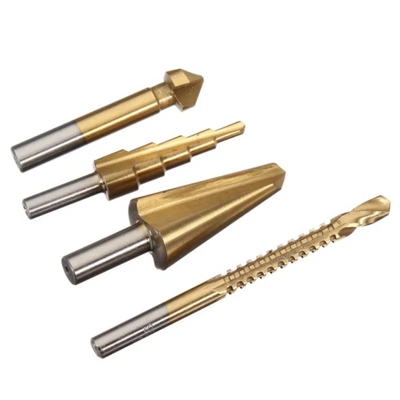 

4pcs/Set HSS Contersink Drill Step Drill Tapered Cone Saw Dill Titanium Coated Hexagon Shank Metal High Speed Steel Drill Sets