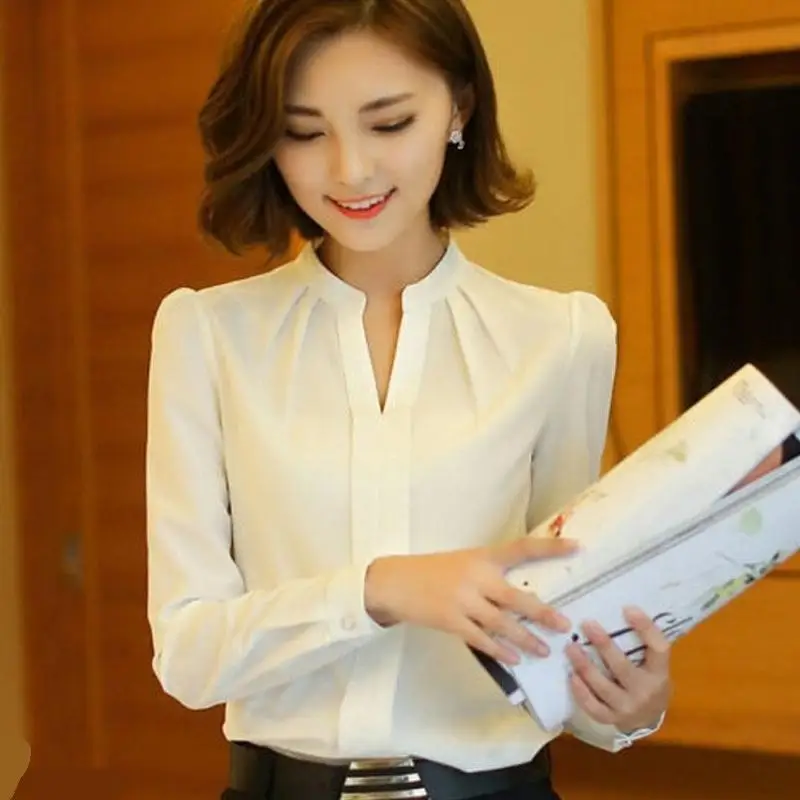 Women's Fashion Sexy V-neck Slim Tops Blouse Casual Long Sleeve Solid Color Office Shirt Chiffon Womens Clothing |