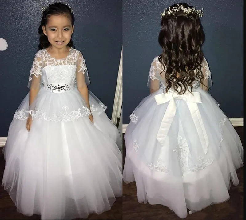 Gorgeous Flower Girl Dress For Wedding with Belt Attached with Rhinestone Ribbons Half Sleeves Sheer Back Custom Made Prom Dress
Gorgeous Flower Girl Dress For Wedding with Belt Attached with Rhinestone Ribbons Half Sleeves Sheer Back Custom Made Prom Dress