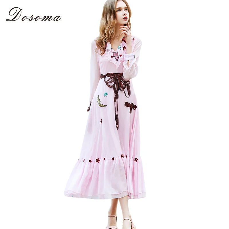 Dosoma лето dress розовый v образным вырезом рябить звезды блестки лук slim дно