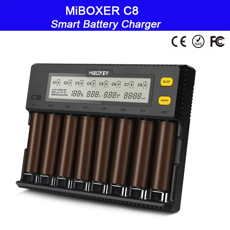 Зарядное устройство MiBOXER C8 для аккумуляторов 18650 ЖК дисплей 21700 А Li ion LiFePO4 Ni MH Cd AA