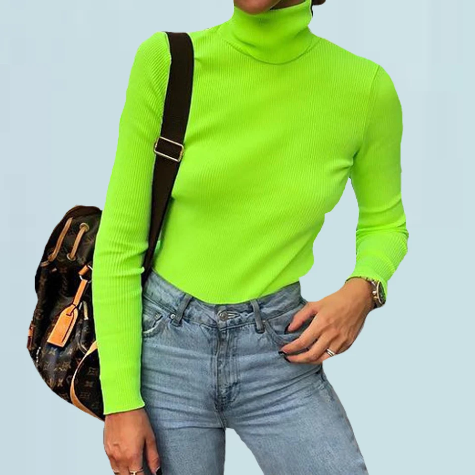 

Fluorescent Green Shirt Neon Turtleneck Vetement Femme 2019 Black Tight White T Shirt Bodycon Shirt Women Long Sleeve Rib Knit