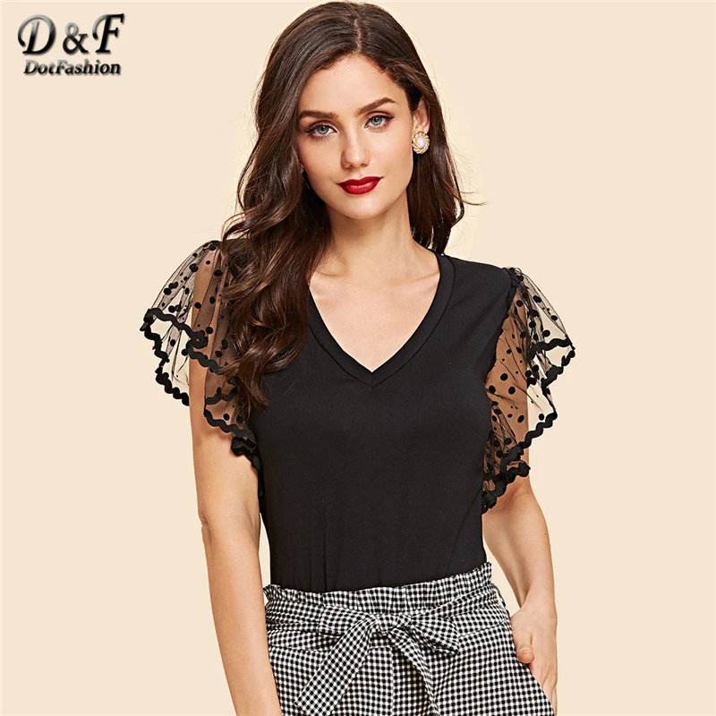 Dotfashion Black Dot Mesh Sleeve V Neck Tee Women 2019 Vintage Clothes Tops Casual Summer Flounce Sleeve Korean Style T-Shirt
Dotfashion Black Dot Mesh Sleeve V Neck Tee Women 2019 Vintage Clothes Tops Casual Summer Flounce Sleeve Korean Style T-Shirt