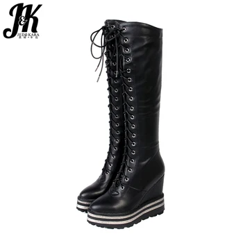JK Pu High Heels Women Boots Pointed Toe Cross Tied Footwear Wedges Knee High Female Boot Platform Shoes Women Winter 2018 New
JK Pu High Heels Women Boots Pointed Toe Cross Tied Footwear Wedges Knee High Female Boot Platform Shoes Women Winter 2018 New