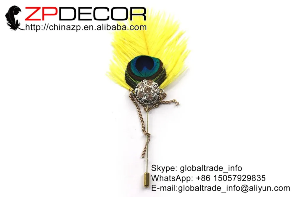14_ yellow Ostrich Feather Handmade Lapel Pin with Crystal Brooch (5)