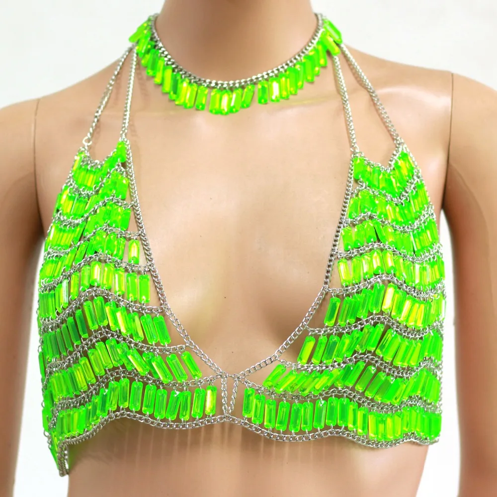 Chran Sexy Crystal Gem Bead Crop Tanks Tops Chain Bra Choker Necklace Fluorescent Green Camis Festival Outfit Jewelry CRS492
Chran Sexy Crystal Gem Bead Crop Tanks Tops Chain Bra Choker Necklace Fluorescent Green Camis Festival Outfit Jewelry CRS492