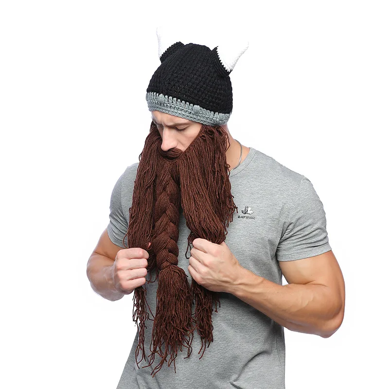 Men\`s Barbarian Vagabond Viking Beard Beanie Horn Hats Handmade Winter Warm Birthday Cool Gifts Funny Gag Halloween Cap