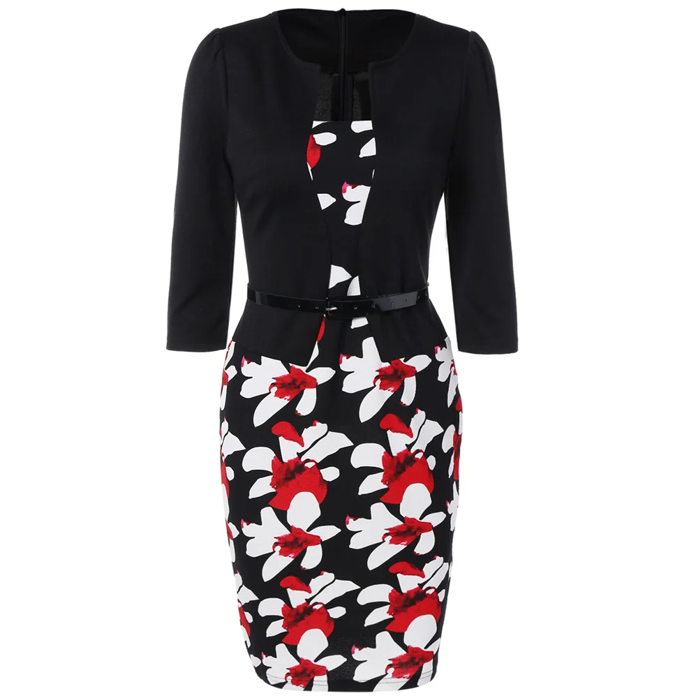 VESTLINDA Pencil Office Dress 5 Colors Plus Size Jacket Look Floral Print Women Vestidos Mujer Jurken Robe Slim Bodycon Dresses 14