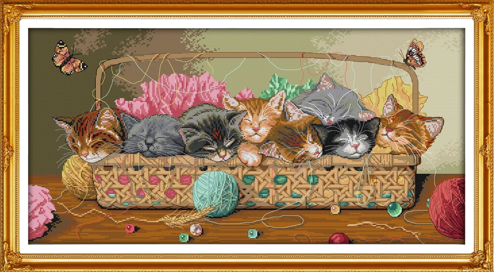 Набор для вышивки Новорожденных котят в корзине 11ct Печать на холсте Ручная