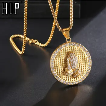 

HIP Hop Praying Hands Men Necklaces Bling Iced Out Crystal Gold Color 316L Stainless Steel Big Round Pendants Mens Rock Jewelry