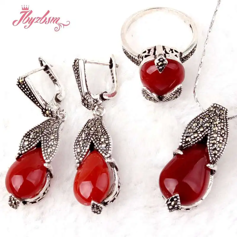 Natural Drop Red Agates Stone Marcasite Tibetan Silver Necklce Pendant Earrings Rings Fashion Jewelry for Women Birthday Gift
Natural Drop Red Agates Stone Marcasite Tibetan Silver Necklce Pendant Earrings Rings Fashion Jewelry for Women Birthday Gift