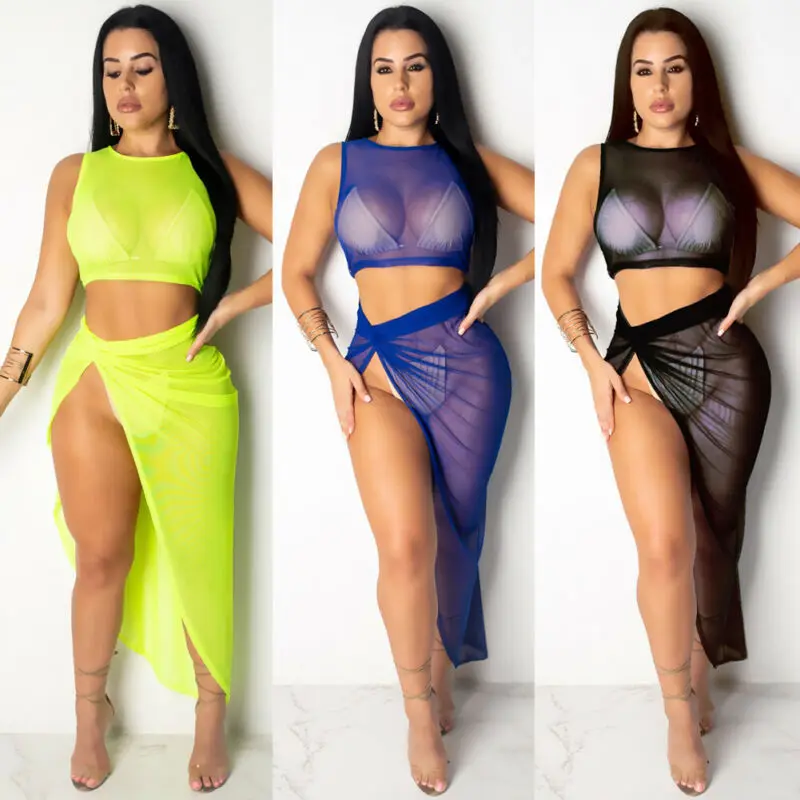 Sexy Women Mesh Maxi Skirt Crop Top Set Chiffon Sleeveless Crop Top +High Split Skirts Chic See Through Suit Bodycon Beachwear
Sexy Women Mesh Maxi Skirt Crop Top Set Chiffon Sleeveless Crop Top +High Split Skirts Chic See Through Suit Bodycon Beachwear