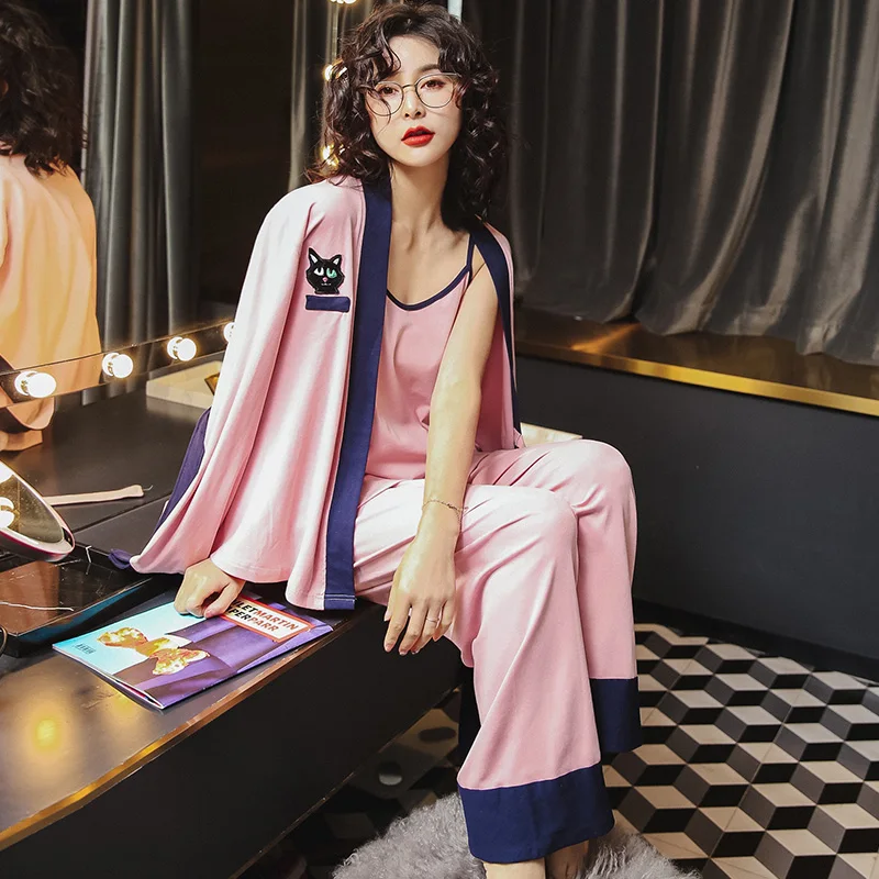 Spring Summer Pajamas Set Women Sleep Set Cotton Sexy Homewear Pijama 3 Pcs Sling Women Pajama Sets Long Pant Set Robe Women
Spring Summer Pajamas Set Women Sleep Set Cotton Sexy Homewear Pijama 3 Pcs Sling Women Pajama Sets Long Pant Set Robe Women
