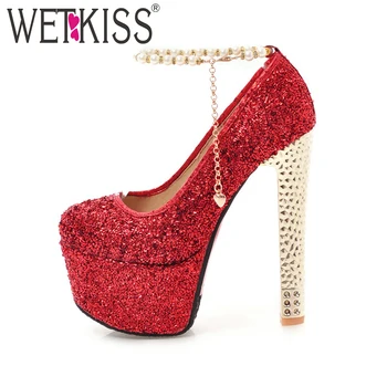 WETKISS Sequined Cloth Super High Heels Women Pumps Round Toe Pearl Ankle Strap Footwear Platform Spring Ladies Wedding Shoes
WETKISS Sequined Cloth Super High Heels Women Pumps Round Toe Pearl Ankle Strap Footwear Platform Spring Ladies Wedding Shoes