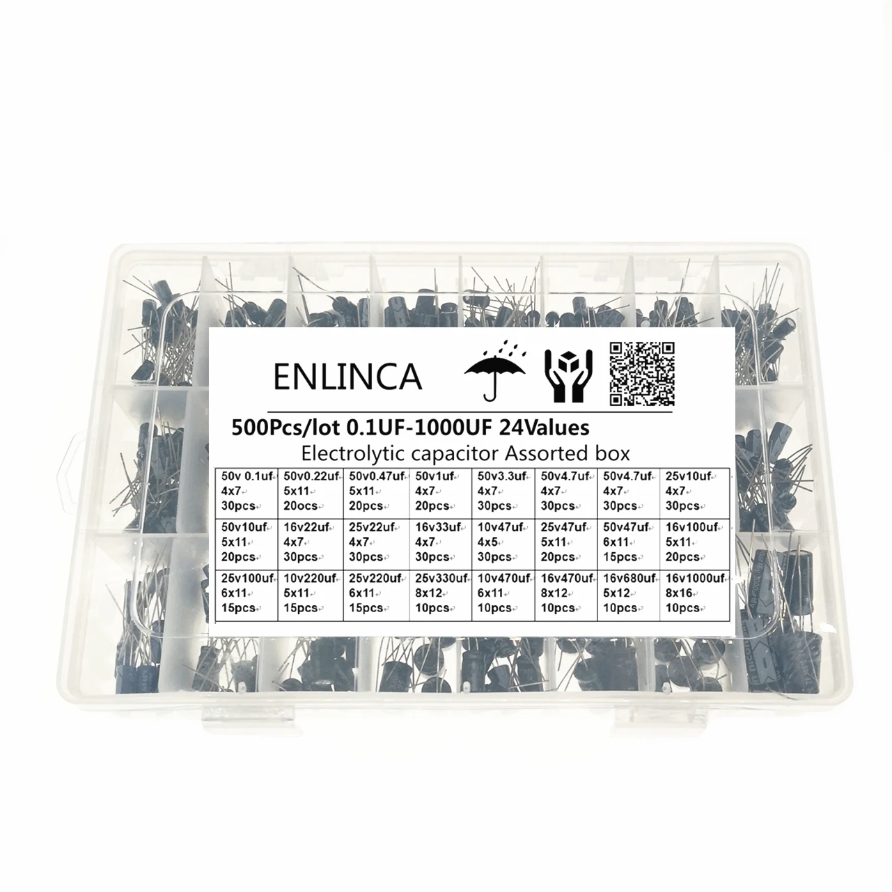 500Pcs 24Values Aluminum Electrolytic Capacitors 0.1UF-1000UF 16-50V mix Electrolytic capacitor Assorted kit and storage box
500Pcs 24Values Aluminum Electrolytic Capacitors 0.1UF-1000UF 16-50V mix Electrolytic capacitor Assorted kit and storage box