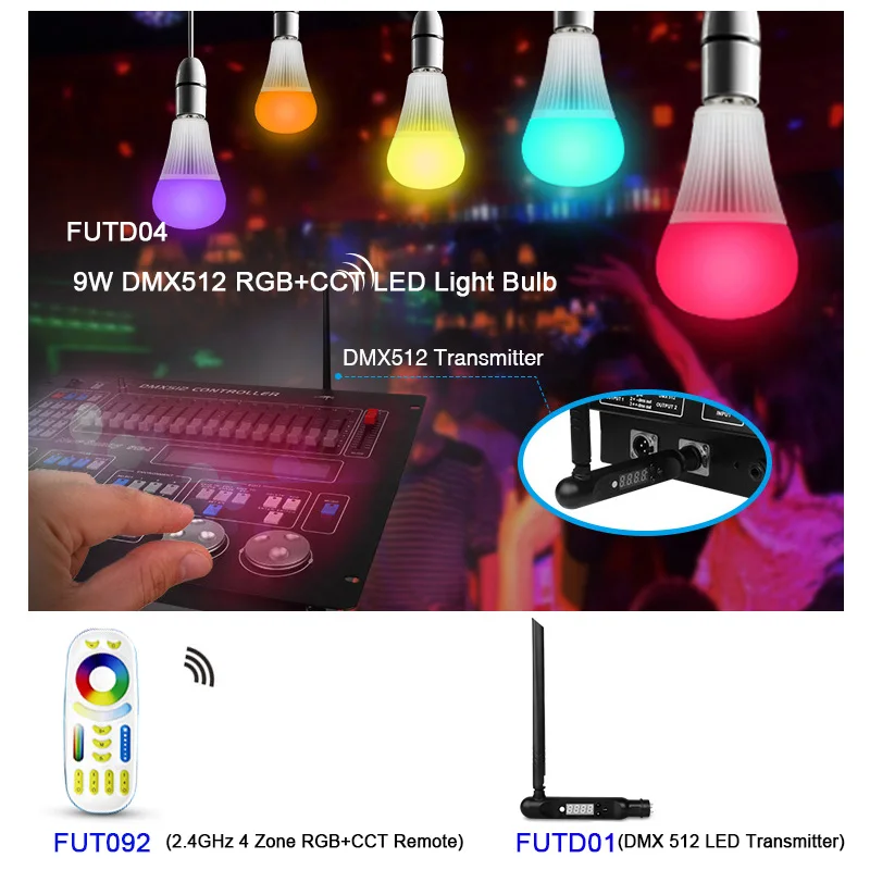 Milight FUTD04 E27 9W DMX512 RGB+CCT LED Light Bulb;DMX 512 LED Transmitter ;2.4GHz 4 Zone RGB+CCT wireless Remote
Milight FUTD04 E27 9W DMX512 RGB+CCT LED Light Bulb;DMX 512 LED Transmitter ;2.4GHz 4 Zone RGB+CCT wireless Remote