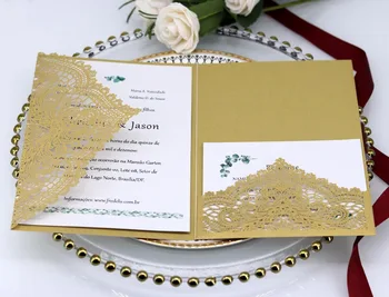 Elegant Gold Lace Laser Cut Trifold Pocket Wedding Invitations with RSVP Card 
Elegant Gold Lace Laser Cut Trifold Pocket Wedding Invitations with RSVP Card