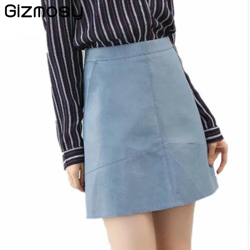 Image Gizmosy! Winter High Waist Skirts PU Faux Leather Women Skirt Pink Yellow Sexy Slim Zipper Skirts 2016 Autumn New BN464BN