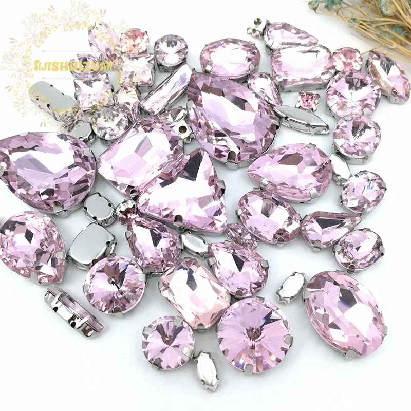

Promotions!! MIX Pink Size Crystal Glass Sew-on Rhinestones Bottom DIY Women's Dresses and Shoes 52pcs 23sizes 10shapes