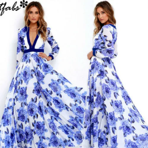 Womens Floral Printed Deep V Neck Comfortable Long Maxi Dress Long Sleeve Evening Party Summer Beach Sundress
Womens Floral Printed Deep V Neck Comfortable Long Maxi Dress Long Sleeve Evening Party Summer Beach Sundress