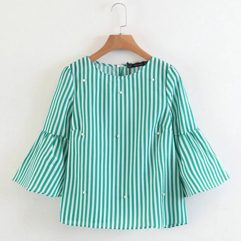 women elegant pearls beading striped shirt flare sleeve O neck blouse ladies summer brand casual tops blusas
women elegant pearls beading striped shirt flare sleeve O neck blouse ladies summer brand casual tops blusas