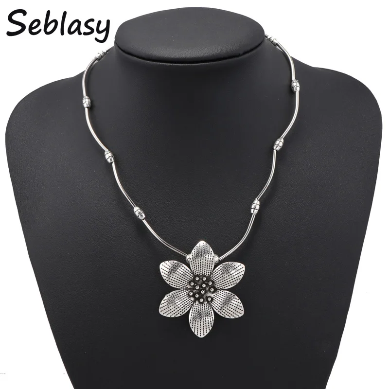Фото Seblasy Vintage Bohemian Big Flower Statement Necklaces & Pendants for Women Jewelry Accessories Tibet Silver Color Bijuterias |