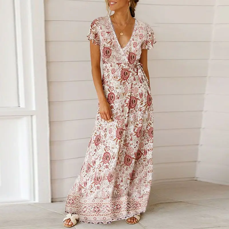 Summer Floral Deep V Maxi Dress Women High Split Beach Long Dress Short Sleeve Sashes Wrap Sundress
Summer Floral Deep V Maxi Dress Women High Split Beach Long Dress Short Sleeve Sashes Wrap Sundress