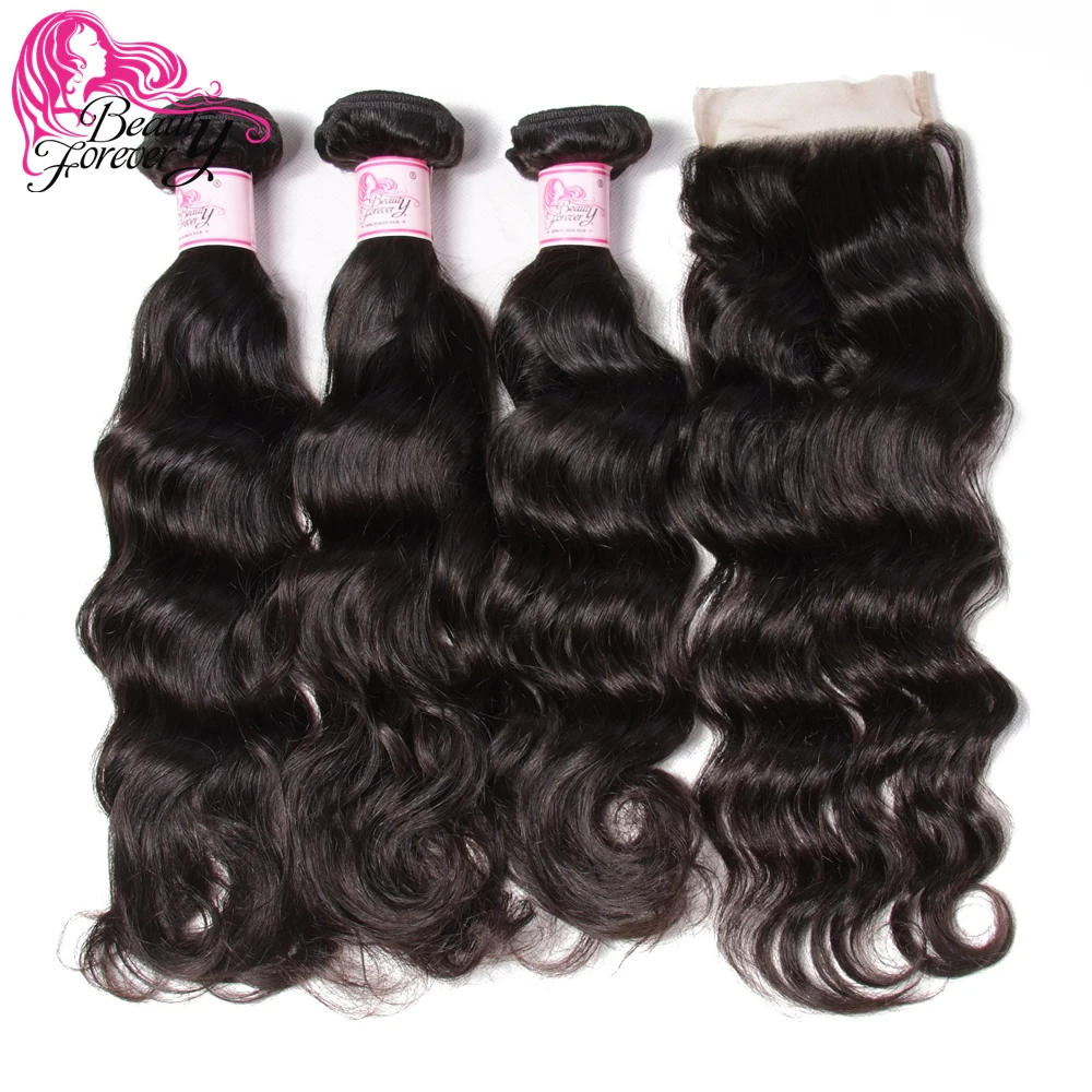 

Beauty Forever Malaysian Natural Wave Human Hair Weaves Bundles With Lace Closure 4*4 Free Part 3pcs Remy Human Hair Wefts