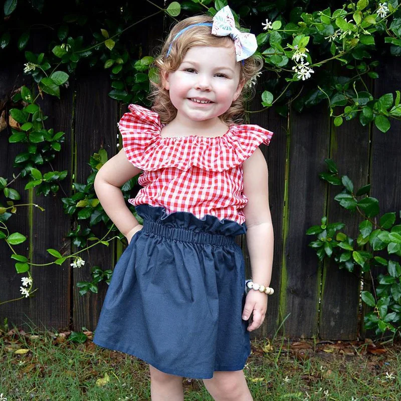 CieiK Summer Baby Girl Clothes Red Plaid Top + Blue Skirt Set Newborn Ruffles Short Sleeves 2PCS Toddler Kids Clothing Set (10)