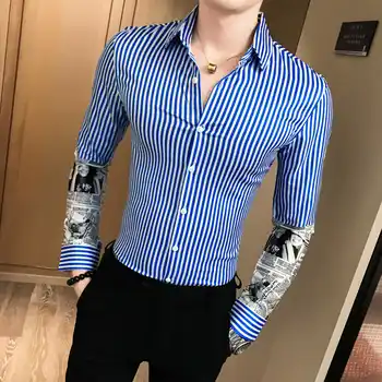 Print Stripe Shirt Men Royal Blue Black Red Mens Casual Shirts Slim Fit Business Casual Office Shirts Camisa Social Masculina 
Print Stripe Shirt Men Royal Blue Black Red Mens Casual Shirts Slim Fit Business Casual Office Shirts Camisa Social Masculina