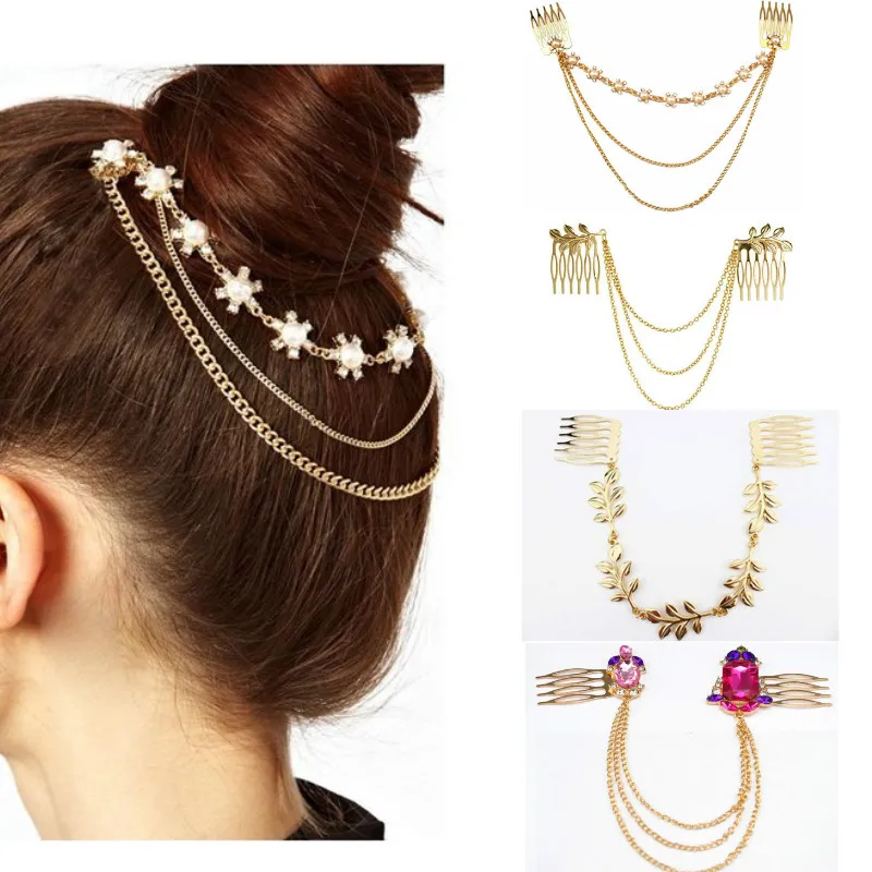 Shiny Gold Metal Leaves Pearl Tassel Chain Hair Combs For Women Flower Brides Headband Clip Wedding Accessories Jewelry | Украшения и
