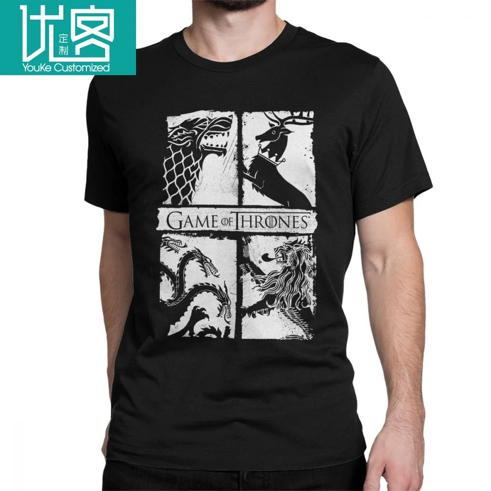 Game Of Thrones T-Shirts Four House Sigils House Stark Tees Targaryen Lannister T Shirts Man's Summer Clothes Novelty Cotton
Game Of Thrones T-Shirts Four House Sigils House Stark Tees Targaryen Lannister T Shirts Man's Summer Clothes Novelty Cotton