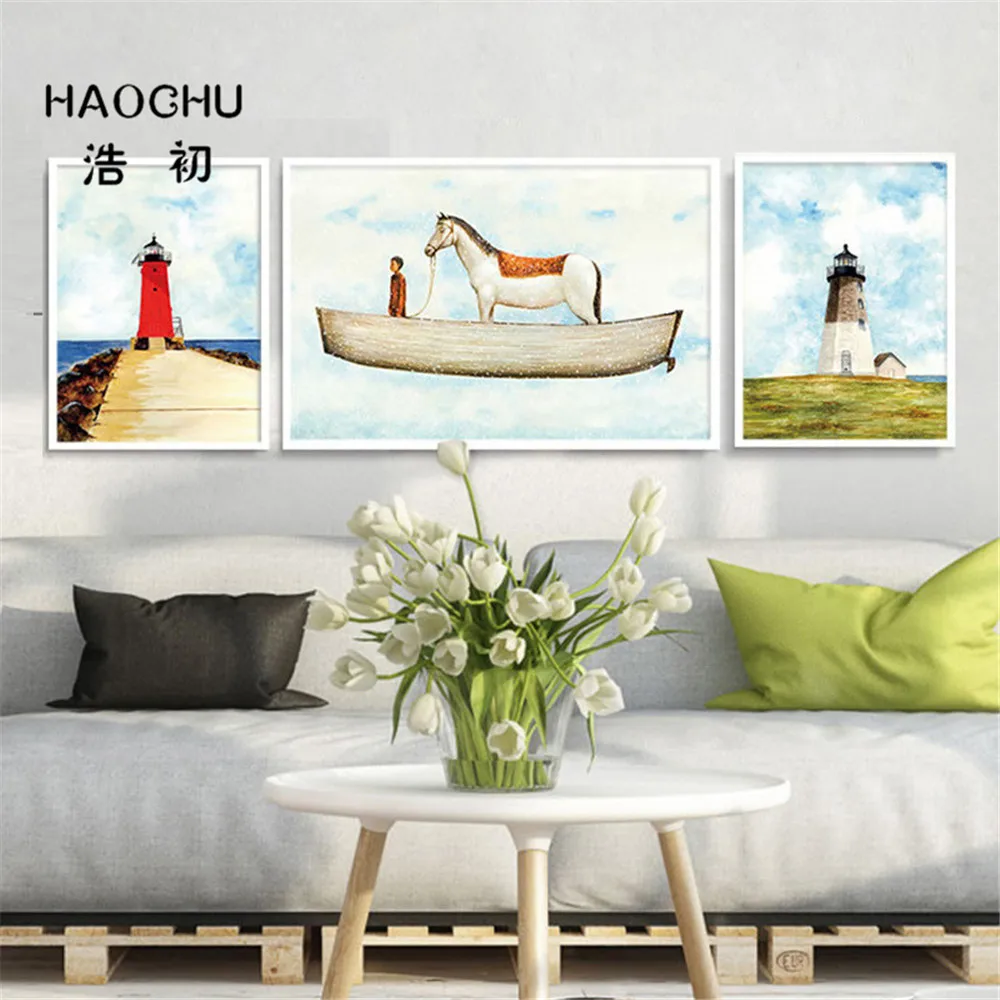 HAOCHU Nordic Sea Scene Grass land Prairie Canvas Art Painting Tower Horse Wall Picture Living Room Office Hotel Decor | Дом и сад
