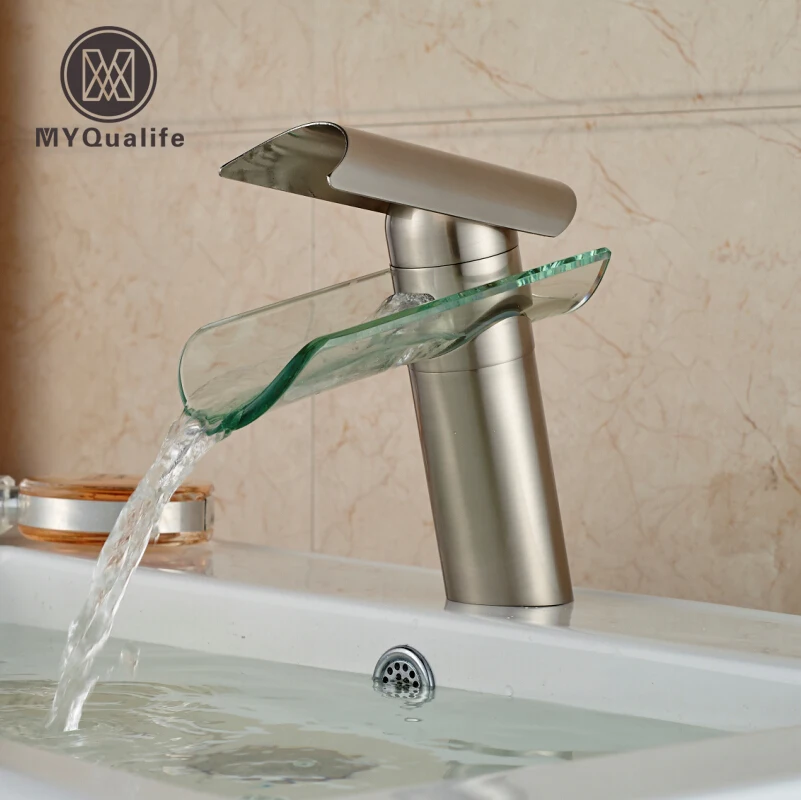 Brushed Nickel One Hole Waterfall Glass Spout Basin Faucet Deck Mount Hot Cold Water Bathroom Vanity Mixer Taps