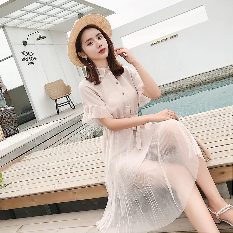 2019 summer female short sleeve turn-down collar high waist dress office lady beige flare sleeve pleated dress women clothes
2019 summer female short sleeve turn-down collar high waist dress office lady beige flare sleeve pleated dress women clothes